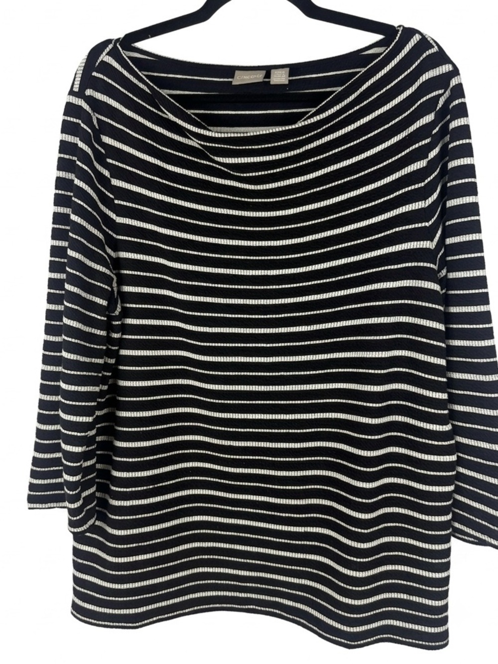 Chico's Striped Boatneck Top Size 2 Black White 3/4 Sleeve Textured Knit